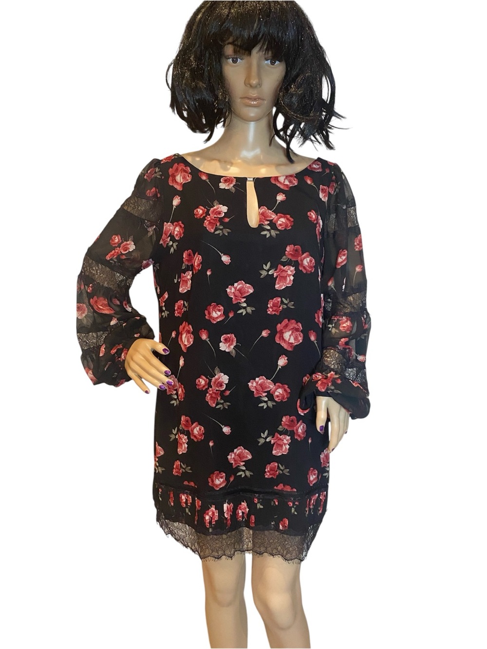 WHBM Peasant Dress Lace Detail Trim Mini Dress or Tunic Black Floral Size 12 EUC